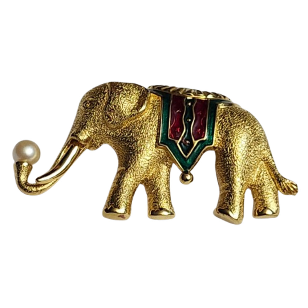 Vtg Monet Gold Tone Enamel Faux Pearl Elephant Pin Brooch